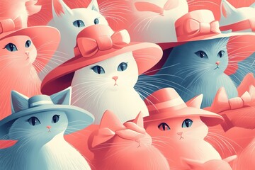Fototapeta premium Group of stylized pastel-colored cats in pink hats with curious expressions in a surreal composition
