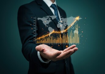 Businessman presenting a glowing global financial growth chart with upward trending data and world map overlay