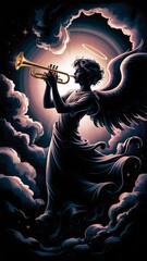 Angel playing trumpet with glowing halo and wings clouds