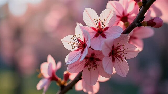 Pink sakura cluster blooms branch petals fluttering gently spring breeze reimagined description underscores delicate K macro beauty cultural serenity wide applicability mindfulness scenes travel