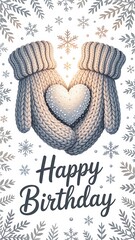 Knitted mittens holding heart with snowflakes winter