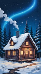 Cozy cabin under starry aurora night snow winter