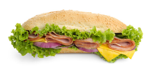 Tasty baguette sandwich with ham, cheese and vegetables isolated on white