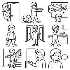 Sleepwalking Icons. Outline style icons of Observing Sleepwalking Behavior: caregiver watching from door, pet following person,