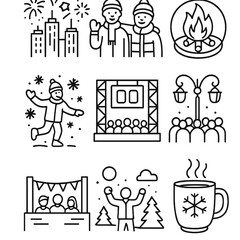 Outdoor Winter Festivity Icons. Outline style icons of Outdoor Celebration: city skyline with fireworks, friends in winter clothes