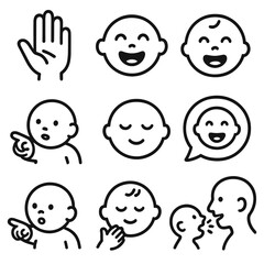 Infant Communication Icons. Outline style icons of Infant Communication Silhouette: baby sign language hand, facial expression
