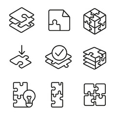 3D Puzzle Icons. Outline style icons of Multilayer Puzzles Silhouette: stack puzzle icon, layer peel effect, 3D block puzzle,