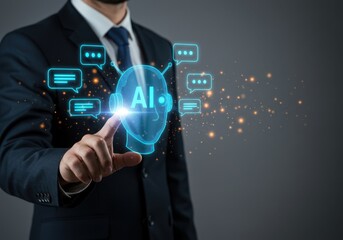 Fototapeta premium Businessman interacts with a glowing ai chatbot interface symbolizing digital communication and artificial intelligence