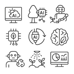 AI Eco Icons. Outline style icons of AI and Environment: AI for climate data, smart forest tracker, robot planting tree, pollution
