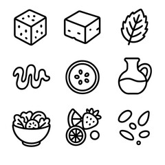 Summer Salad Ingredients. Outline style icons of Summer Salad: watermelon cube, feta cheese slice, mint leaf, balsamic drizzle,