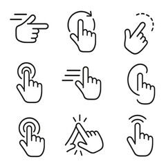 Touch Gesture Icons. Outline style icons of Touch Gesture Animation: motion lines behind finger, gesture loop, animated path trail