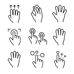 Fototapeta premium Multi-Touch Gesture Icons. Outline style icons of Multi-Touch: three fingers swipe, four fingers pinch, five fingers spread, multi