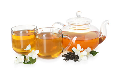 Aromatic jasmine tea in glass cups, teapot, flowers and leaves isolated on white