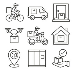 Last Mile Delivery Icons. Outline style icons of Last Mile Delivery: courier on bike, small van with box, doorstep delivery,
