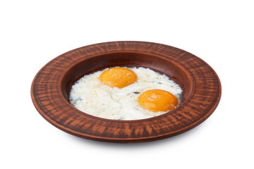 Half-boiled eggs in plate isolated on white. Traditional asian breakfast