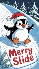 Cute penguin sliding down snowy hill christmas santa hat
