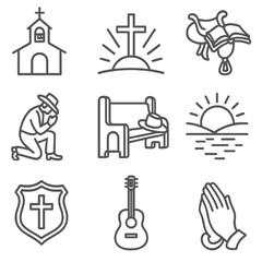 Cowboy Spiritual Icons. Outline style icons of Cowboy Spiritual Life: chapel bell, cross at sunrise, open Bible on saddle, cowboy