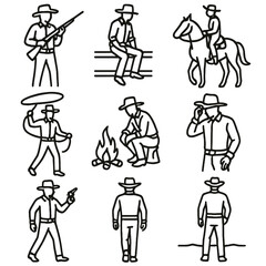 Cowboy Silhouette Icons. Outline style icons of Cowboy Silhouettes: standing with rifle, seated on fence, horseback with hat,