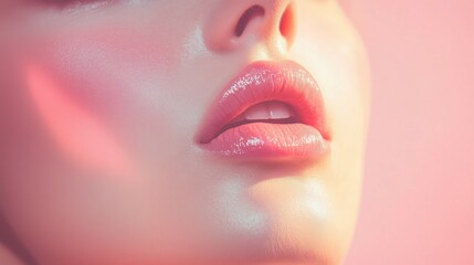 Naklejka premium Close up view of soft lips with glossy shine and smooth skin under pink light in a beauty setting
