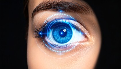 Close-up of a woman's eye with futuristic interface