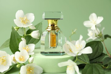 Bottle of perfume and jasmine flowers on green background, closeup