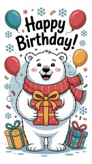 Cheerful polar bear with gifts and balloons birthday