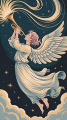 Angel playing trumpet with golden light and stars celestial