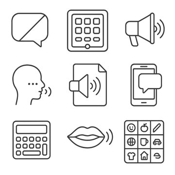 Communication Disability Icons. Outline style icons of Communication Disabilities: speech bubble with slash, AAC device, voice