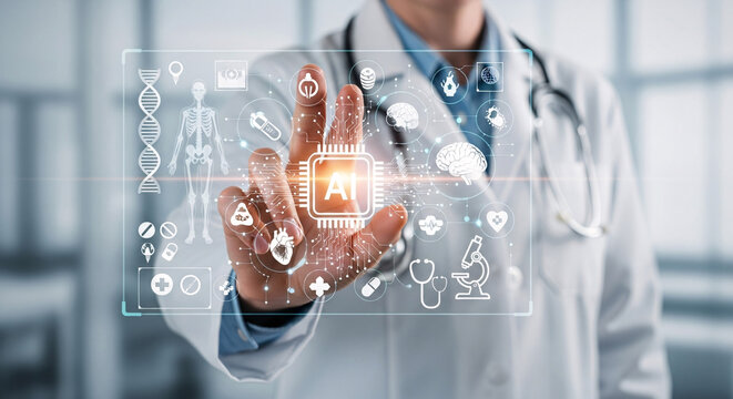 Doctor Using Artificial Intelligence for Modern Medicine and Healthcare Diagnostics