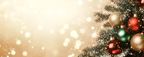 Christmas tree decorated with colorful ornaments, creating a festive atmosphere with golden background lights and a touch of snow, perfect for holiday greetings