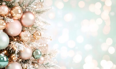 Pastel-colored baubles and sparkling lights adorn a christmas tree, creating a festive atmosphere for new year celebrations