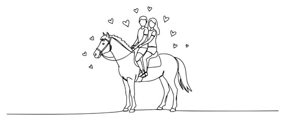 romantic couple riding horse together vector illustration in one line drawing style