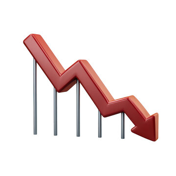 3d red downward trend arrow graph isolated on transparent background