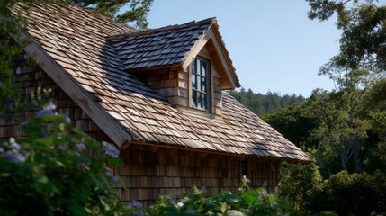Rustic wooden shingle roof and dormer with weathered texture in natural setting.