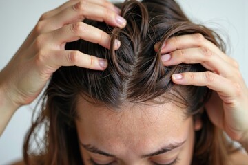 Obraz premium Close-up of individual with dry scalp and dandruff scratching head surrounded by flowing hair.