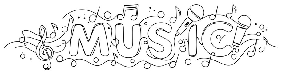 music word vector illustration with notes and instruments in one line drawing style