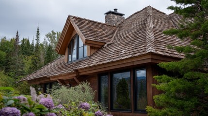 Rustic wooden shingle roof of cabin surrounded by lush greenery and flowers.
