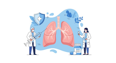 Adobe Illustrator vector flat style illustration of doctors examining lungs affected by viruses with a magnifying glass and stethoscope, representing respiratory health and viral infections