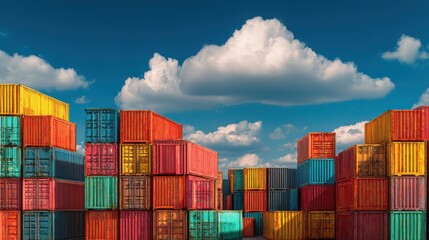 Shipping containers stacked in a colorful urban yard under a bright blue sky with clouds, highlighting logistics, transportation, and industrial background.