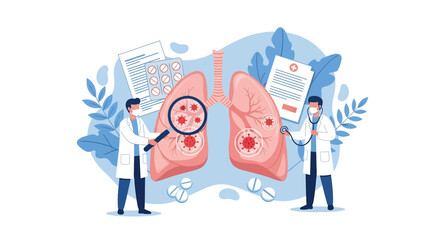 Adobe Illustrator vector flat style illustration of doctors examining lungs affected by viruses with a magnifying glass and stethoscope, representing respiratory health and viral infections