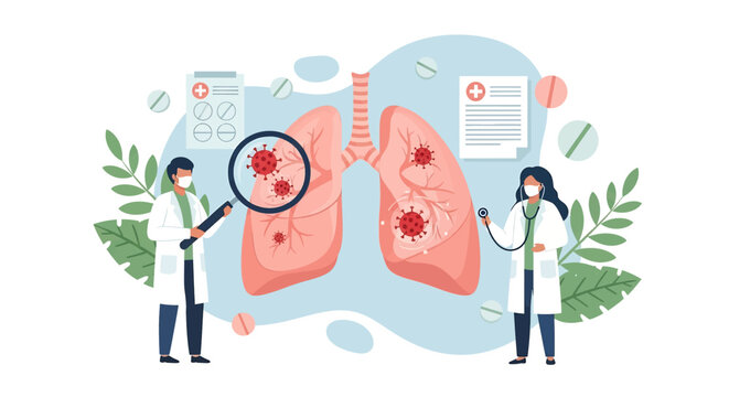 Adobe Illustrator vector flat style illustration of doctors examining lungs affected by viruses with a magnifying glass and stethoscope, representing respiratory health and viral infections