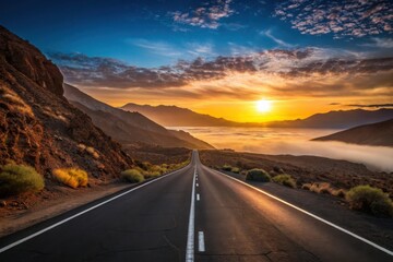 Naklejka premium Scenic mountain road leads to a breathtaking sunrise above the clouds