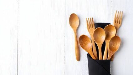 Wooden Cutlery Set and Napkin Mockup on White Background