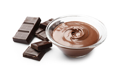 Tasty chocolate butter in glass bowl and pieces isolated on white