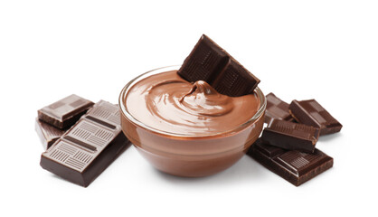Tasty chocolate butter in glass bowl and pieces isolated on white