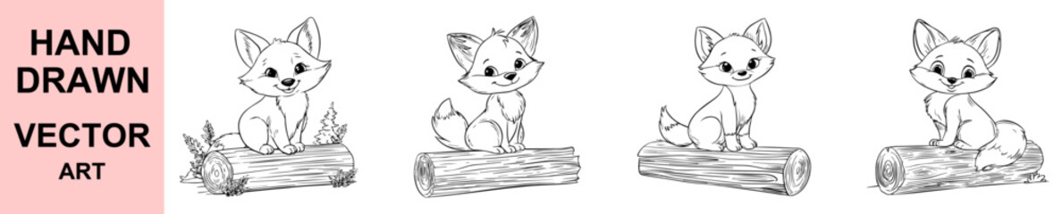 Cute Baby Fox Sitting on Log in Forest Scene Hand Drawn Style Vector Art for Kids Books and Woodland Animal Nursery Clipart Illustration