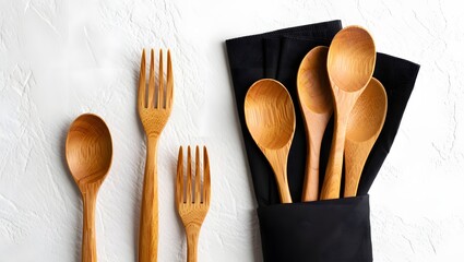 Wooden Cutlery Set and Napkin Mockup on White Background