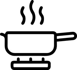 A single isolated black stroke line icon of a pot on stove with steam rising, symbolizing cooking or kitchen activity, outlined vector, white background.