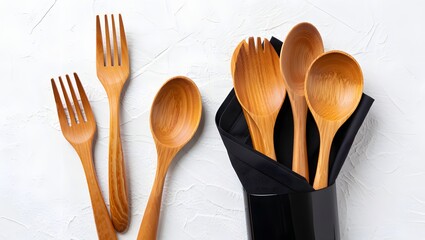 Wooden Cutlery Set and Napkin Mockup on White Background