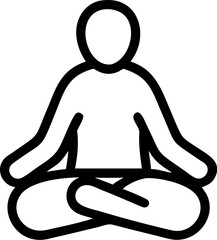 A single isolated black stroke line icon of a person sitting cross-legged in a meditation pose, minimal and clean, white background.